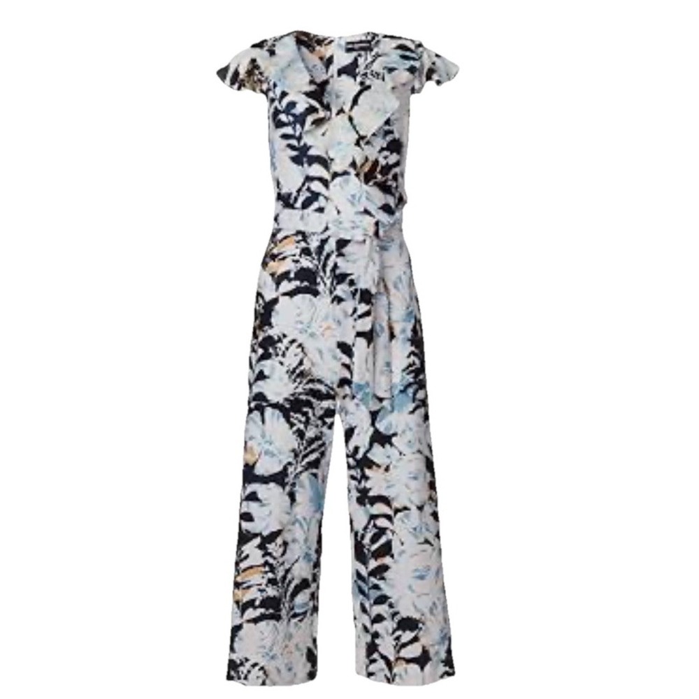 Karl Lagerfeld Floral Jumpsuit Blue White Ruffle V-neck Belt Wide Leg Crop Sz 2
